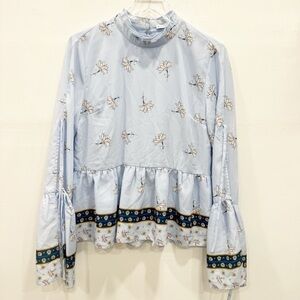 Endless Rose Blue Floral Peplum Blouse Top Cutout Tie Bell Sleeve Large *flawed*